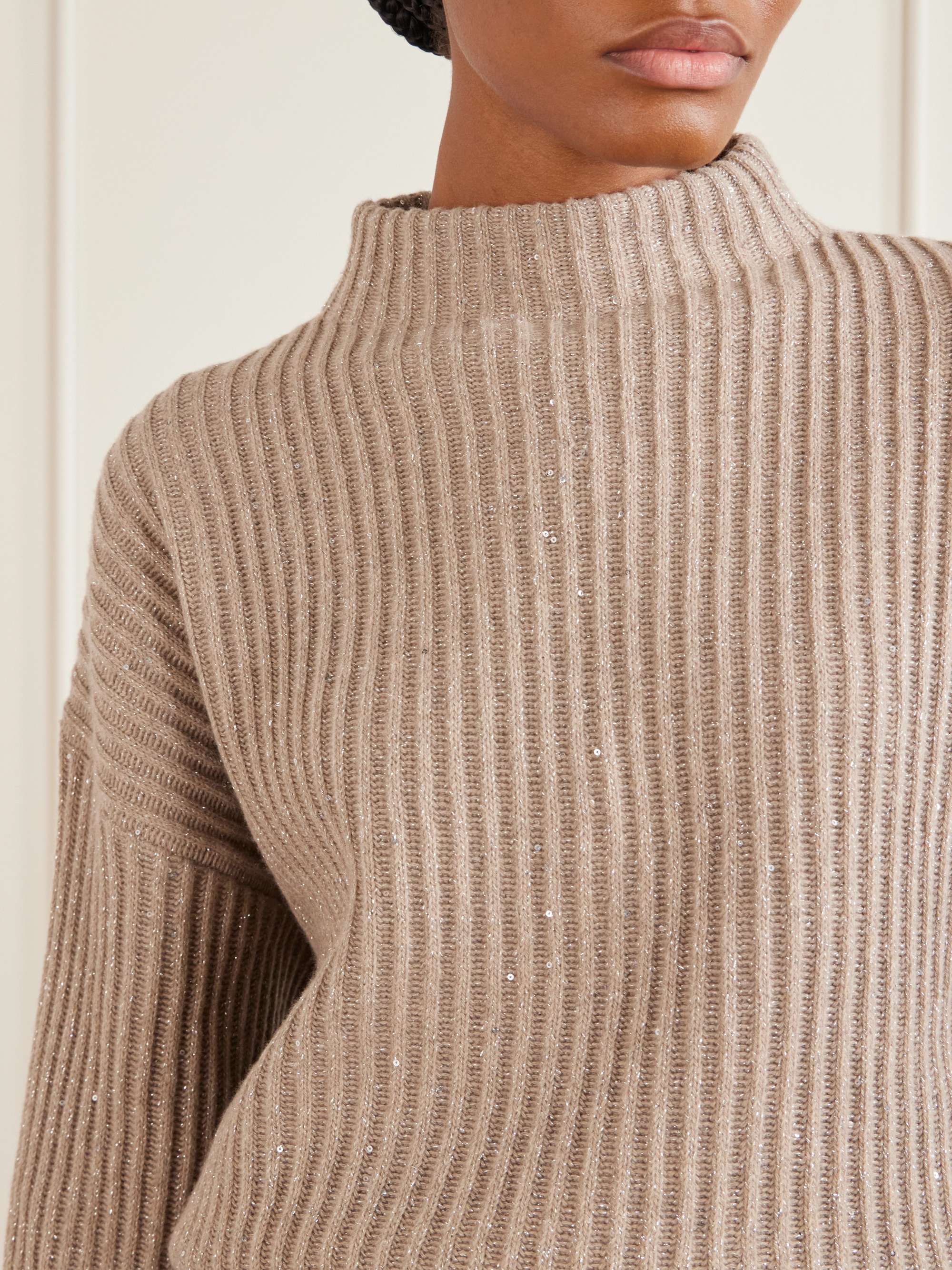 BRUNELLO CUCINELLI Sequin-trimmed ribbed-knit turtleneck sweater