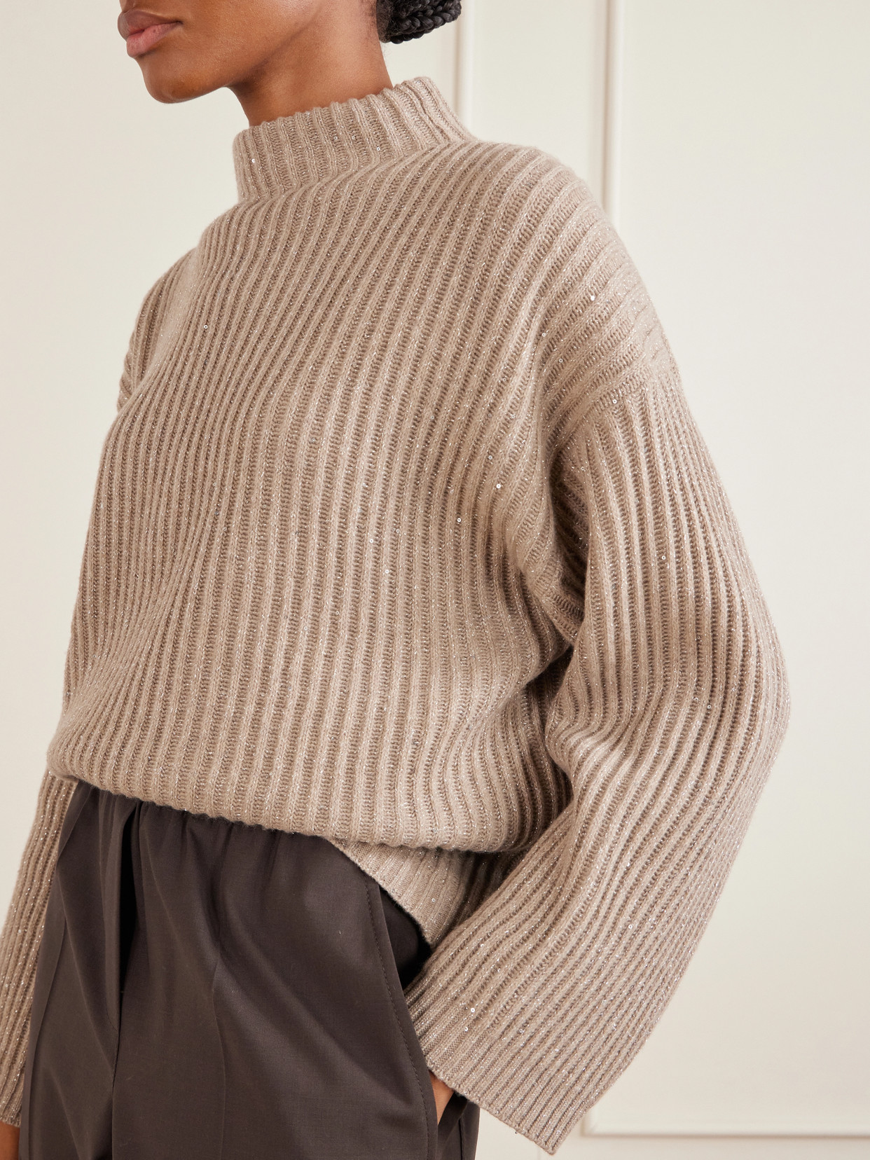 Sequin-Trimmed Ribbed-Knit Turtleneck Sweater