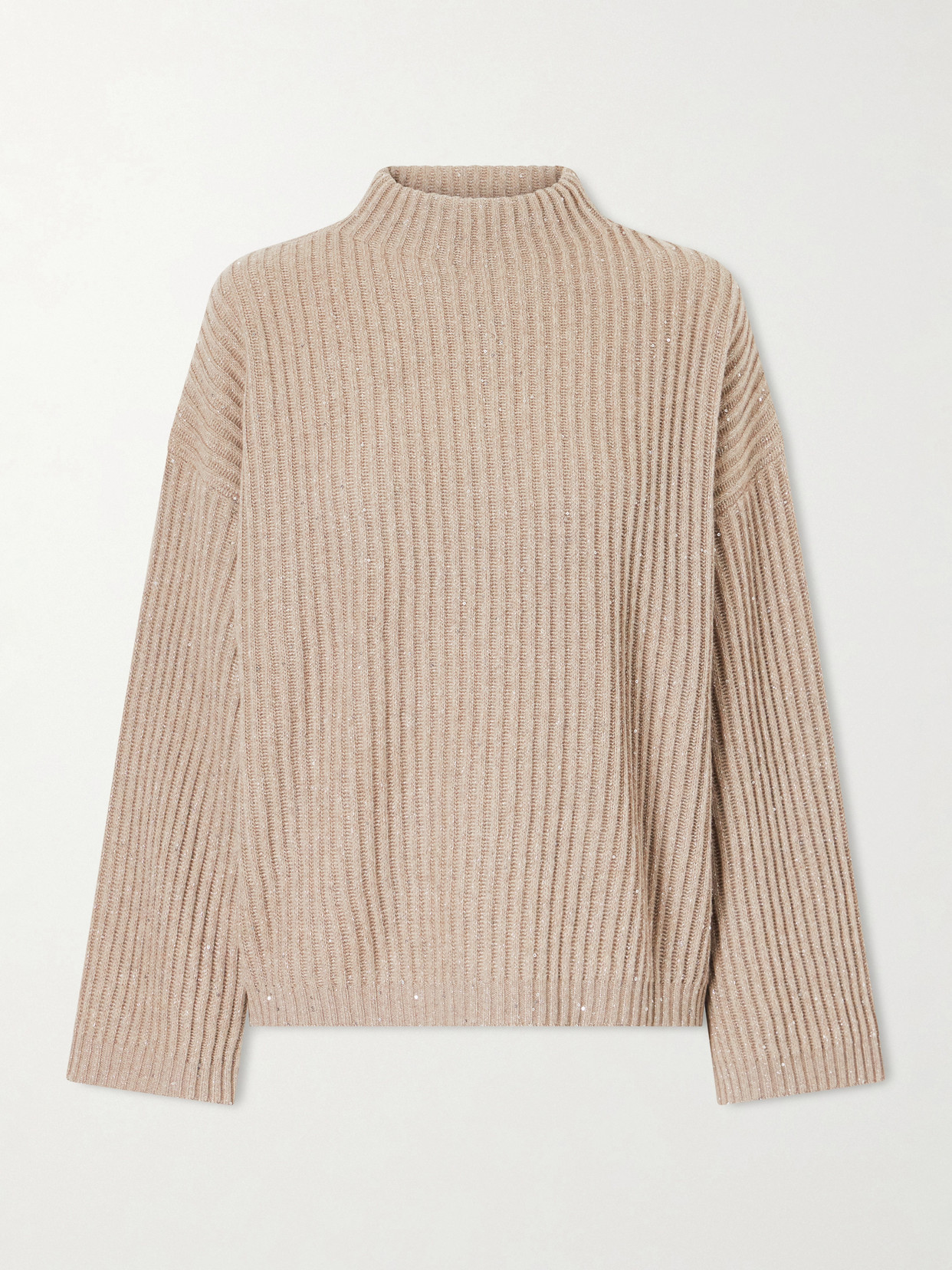 Brunello Cucinelli Sequin-trimmed Ribbed-knit Turtleneck Sweater In Brown