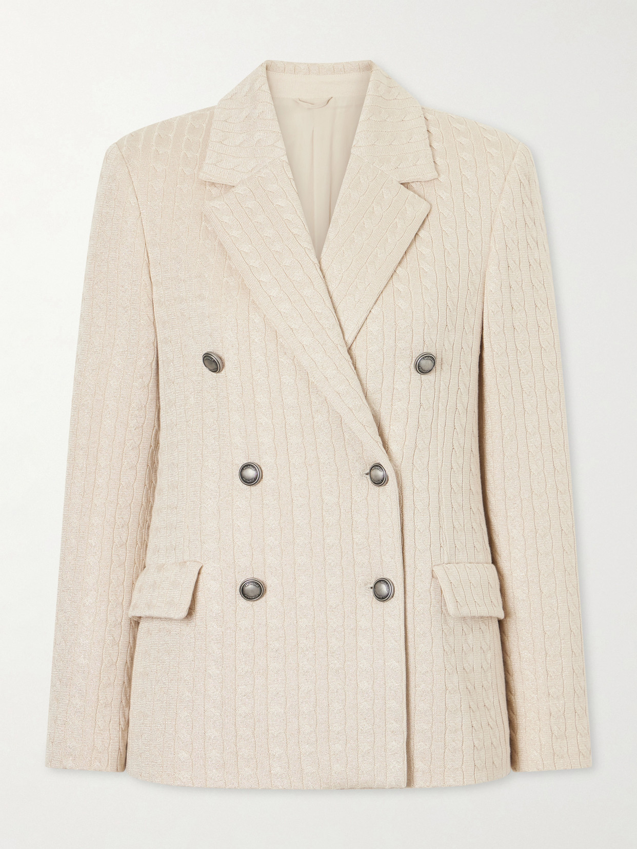 Brunello Cucinelli Cable-knit Cotton-blend Double-breasted Blazer In Neutral