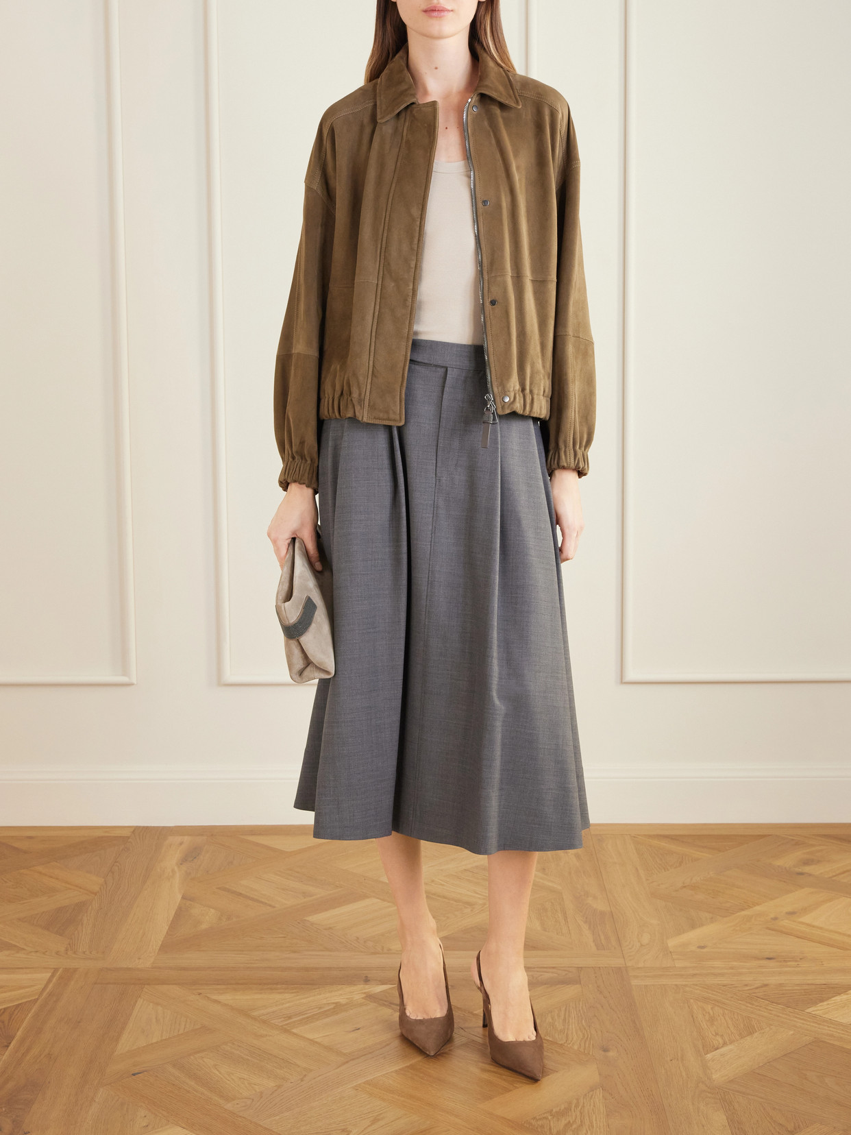 Paneled Suede Bomber Jacket