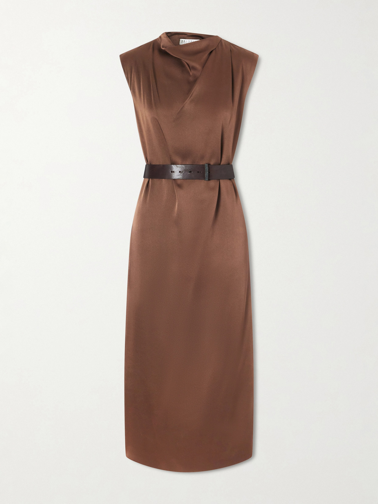 Brunello Cucinelli Belted Satin Midi Dress In Brown