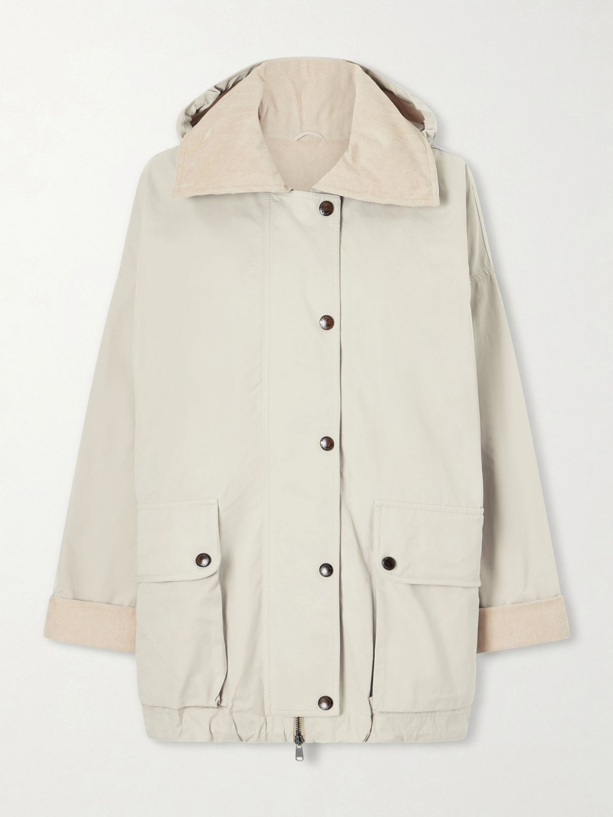 Corduroy-trimmed cotton and linen-blend coat