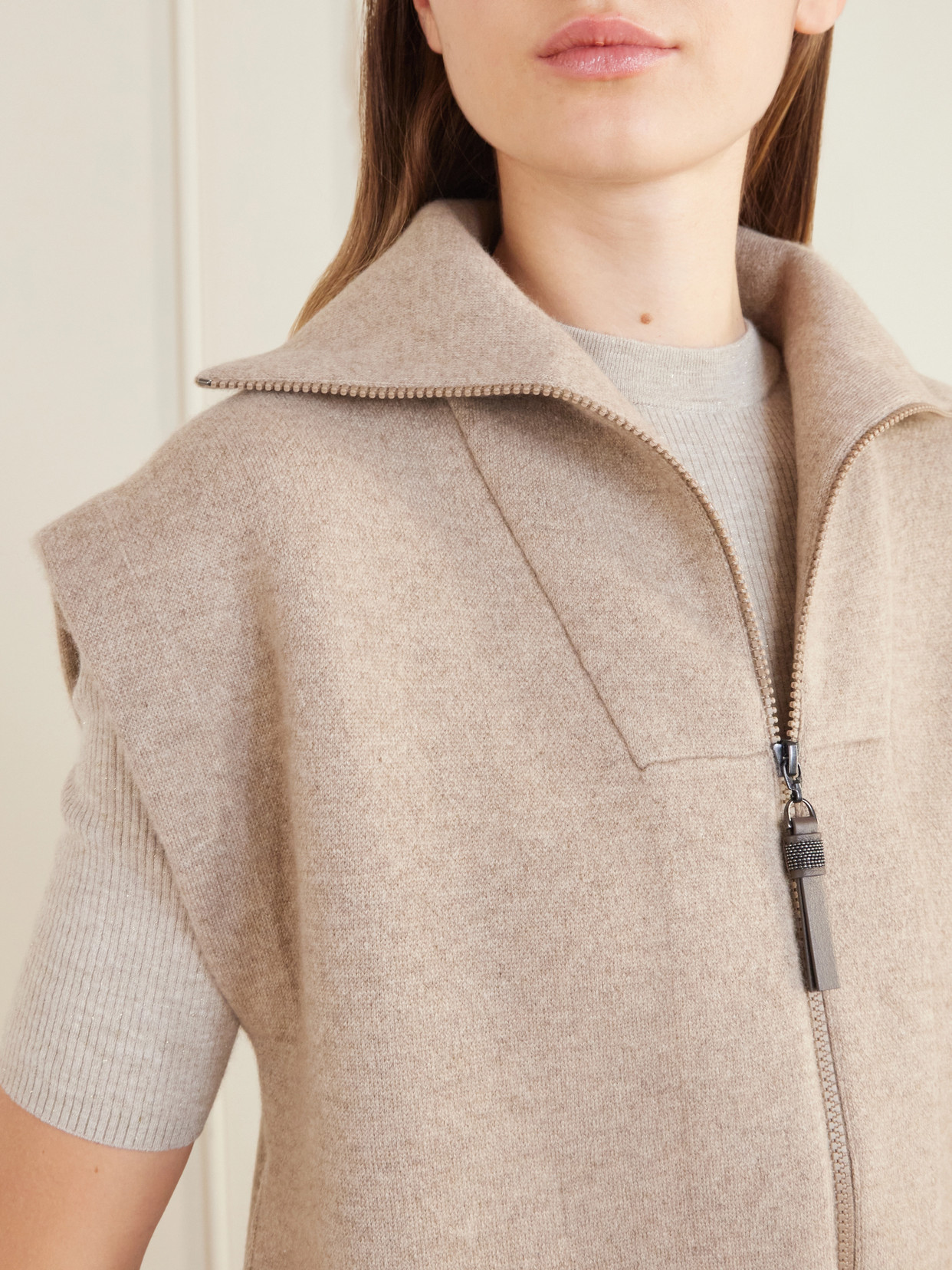 Brunello Cucinelli Zip-up Collared Vest In Nude