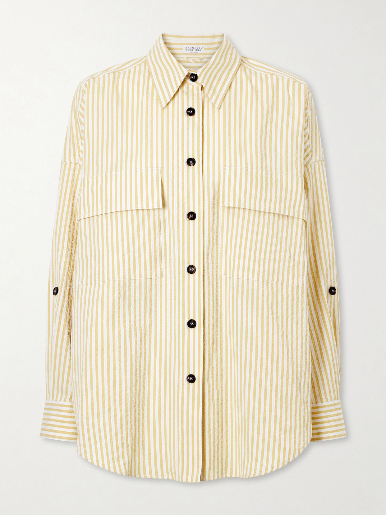 Brunello Cucinelli Striped Printed Cotton-blend Shirt In Neutral