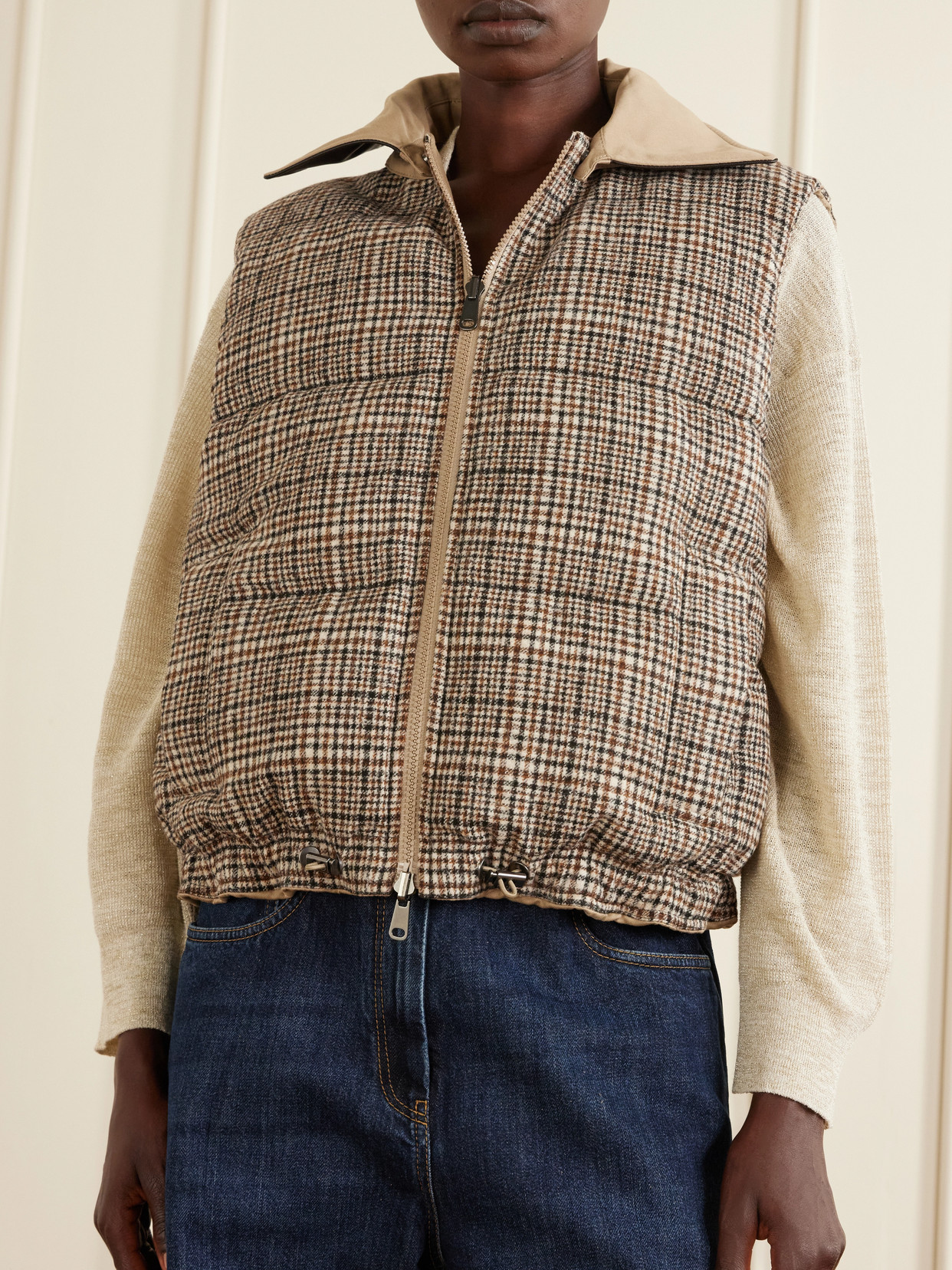 Reversible Checked Padded Cotton And Linen Gilet