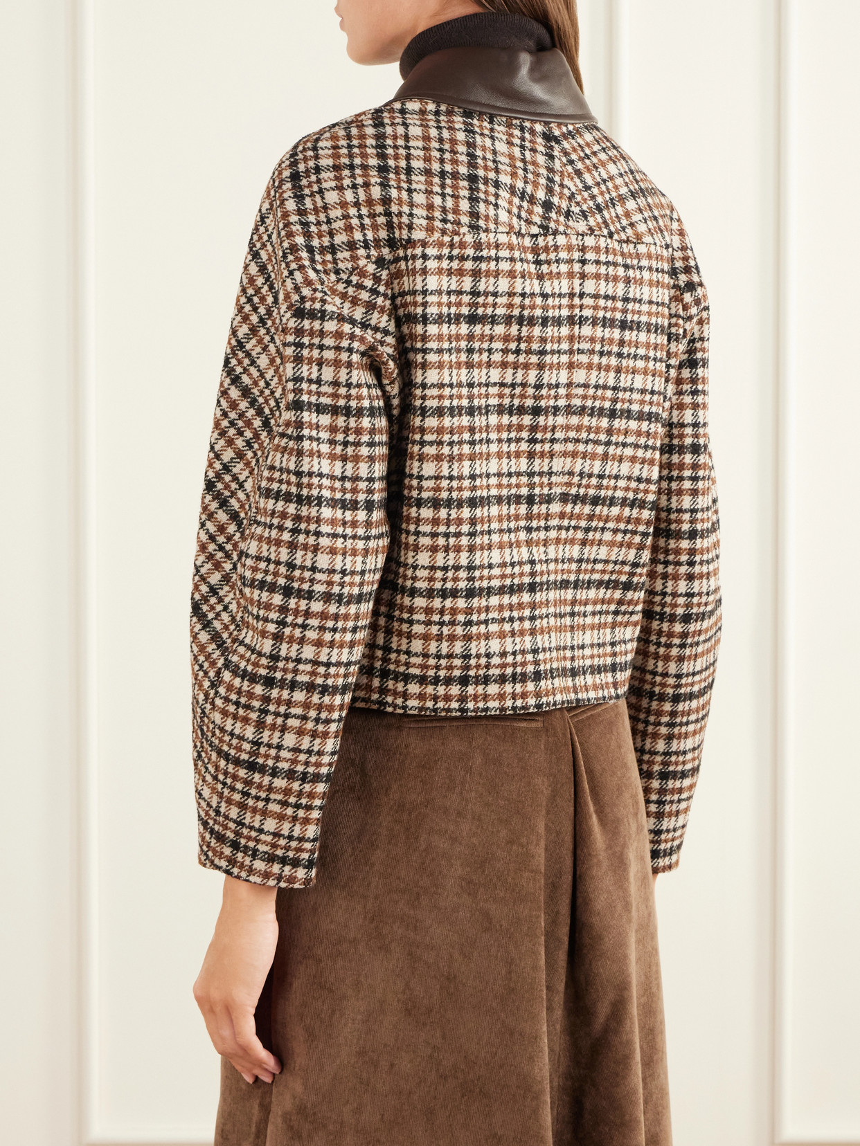 Checked Leather-Trimmed Wool-Blend Jacket