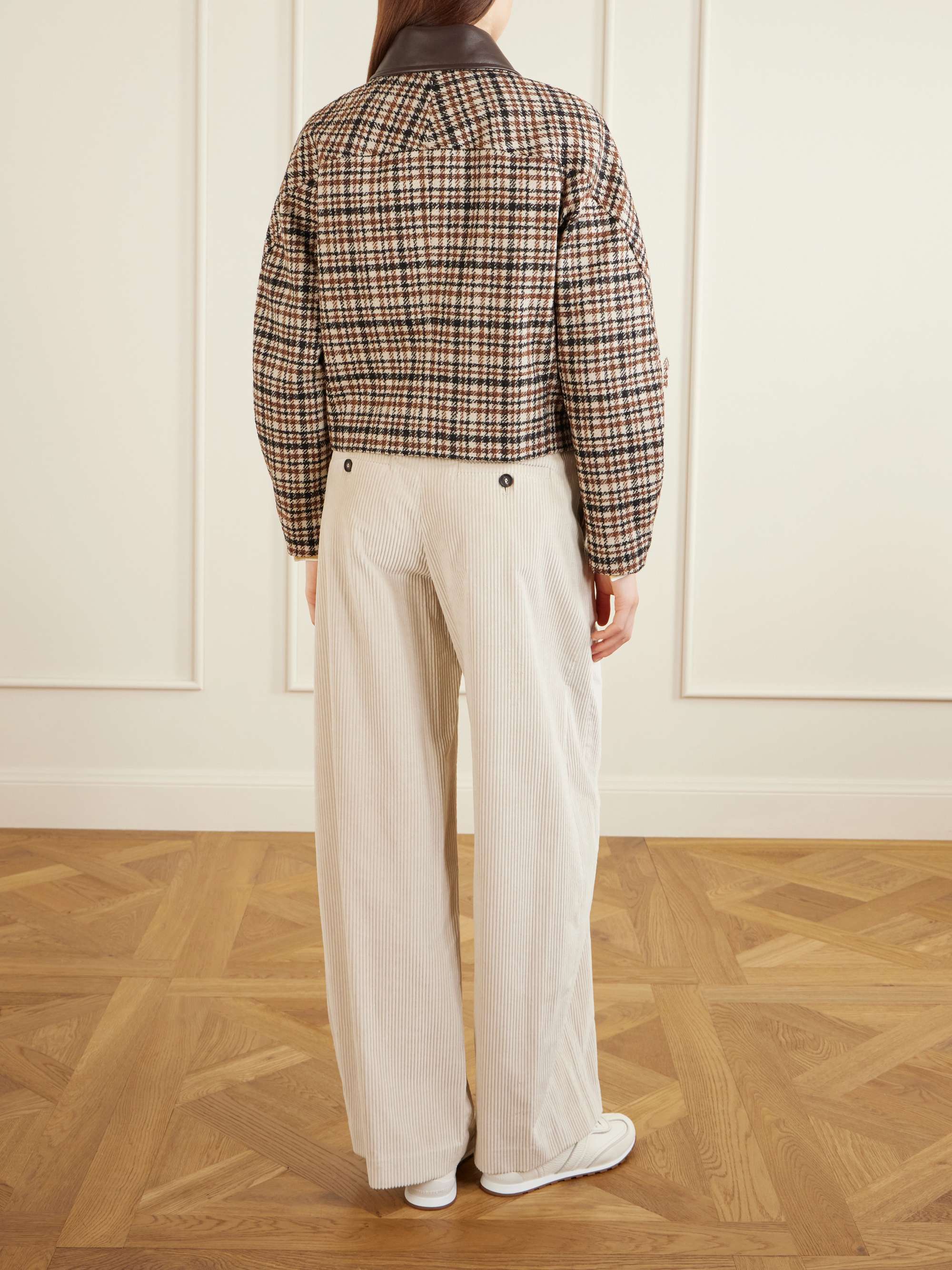 BRUNELLO CUCINELLI Checked leather-trimmed wool-blend jacket | NET