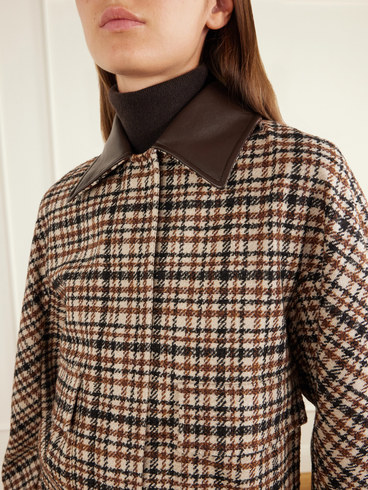 Checked Leather-Trimmed Wool-Blend Jacket