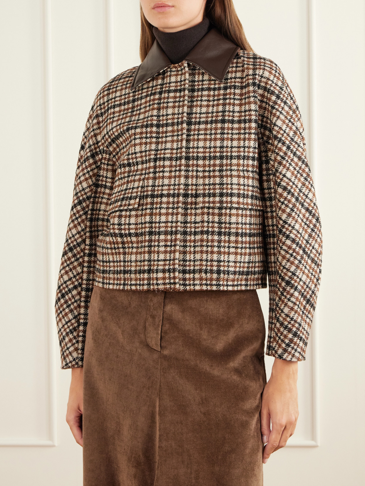 Checked Leather-Trimmed Wool-Blend Jacket