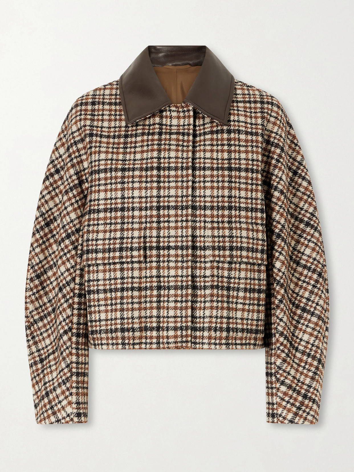 Checked Leather-Trimmed Wool-Blend Jacket