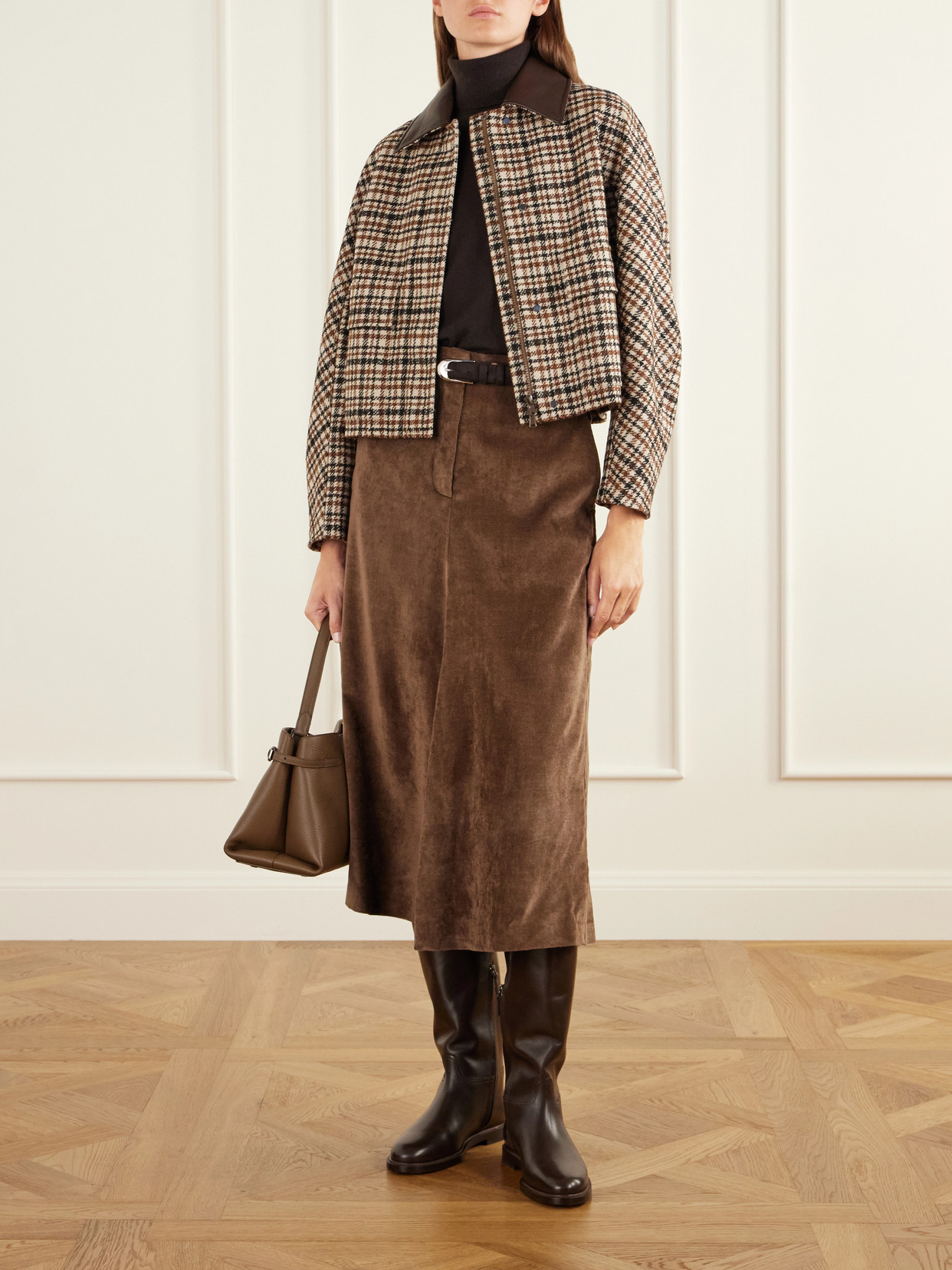 Checked Leather-Trimmed Wool-Blend Jacket