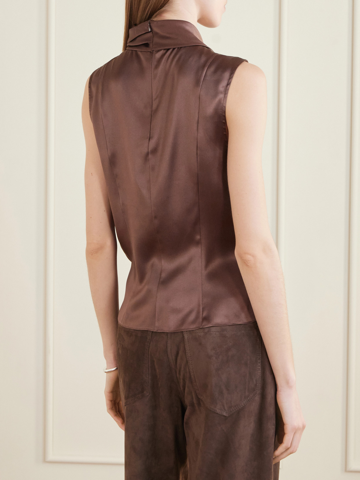 Wrap-Effect Sleeveless Draped Silk-Blend Satin Blouse
