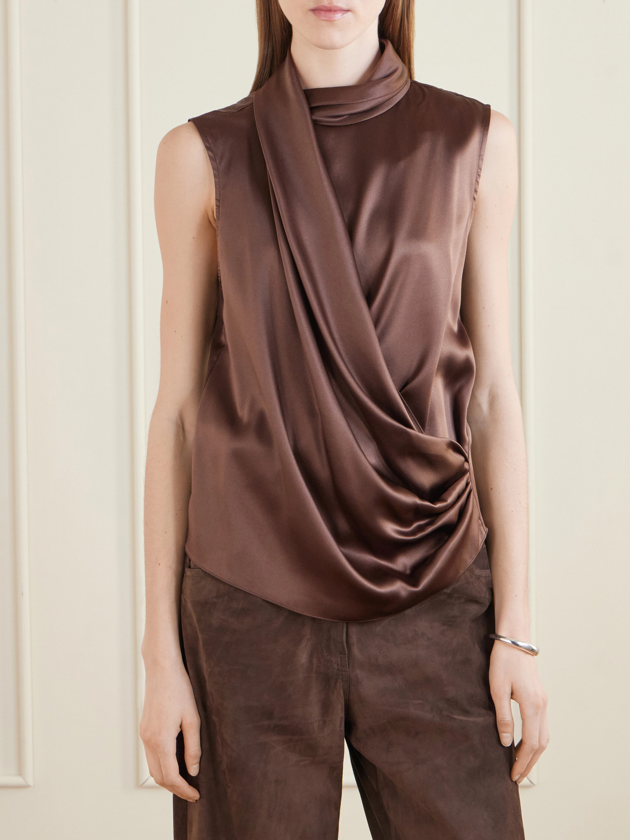 Wrap-Effect Sleeveless Draped Silk-Blend Satin Blouse