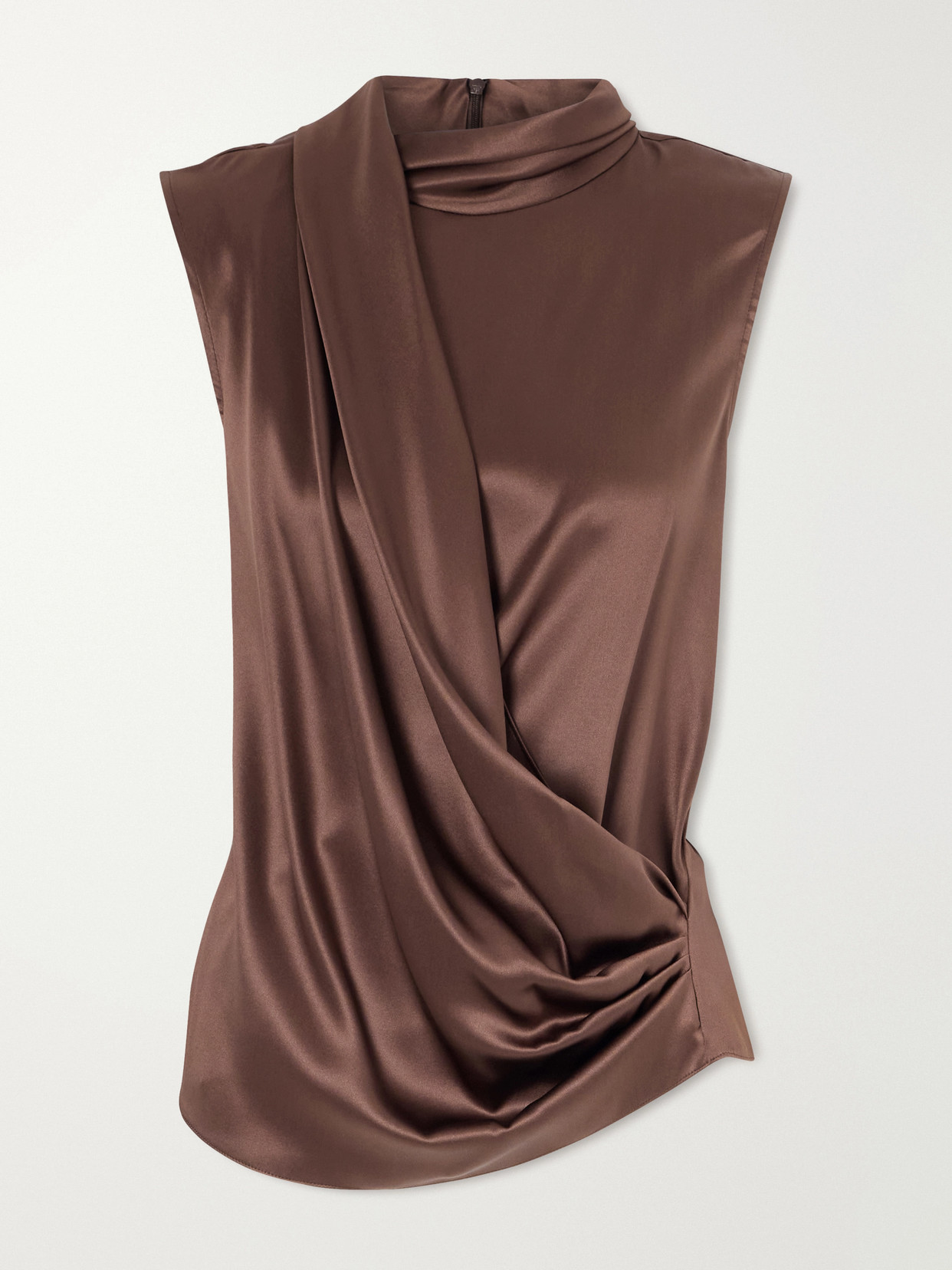 Brunello Cucinelli Wrap-effect Sleeveless Draped Silk-blend Satin Blouse In Brown