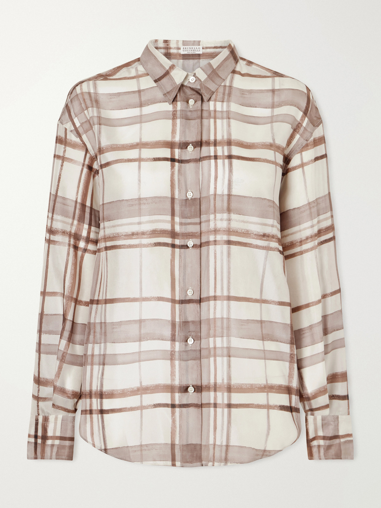 Brunello Cucinelli Checked Silk-satin Shirt In Brown