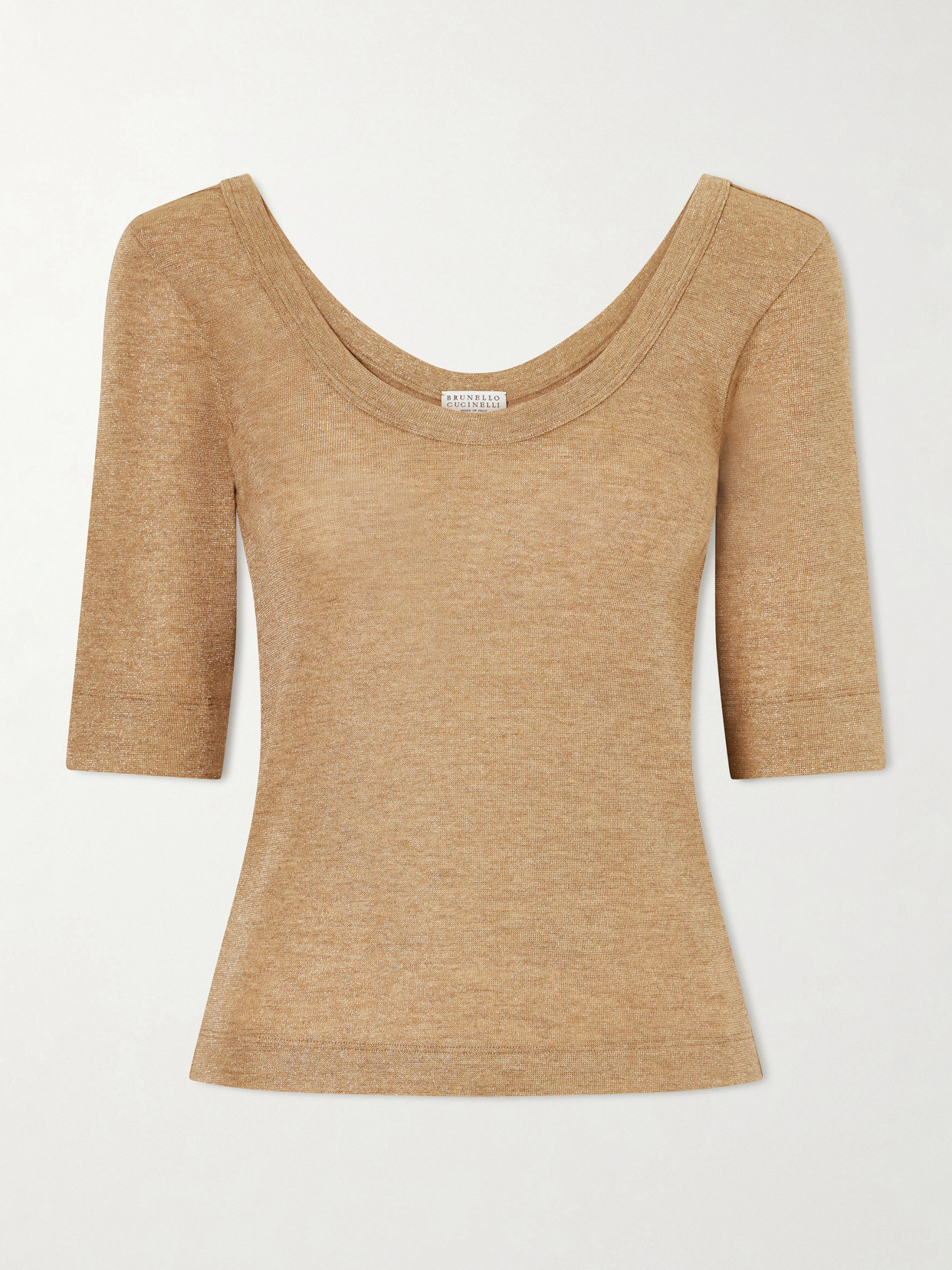 Brunello Cucinelli Metallic Wool-blend Knitted T-shirt In Brown