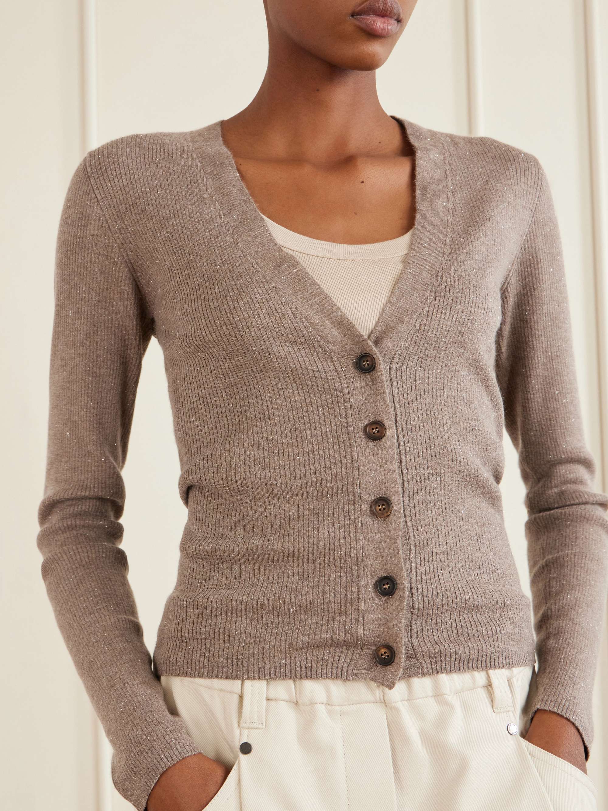 BRUNELLO CUCINELLI Metallic ribbed-knit cardigan | NET-A-PORTER