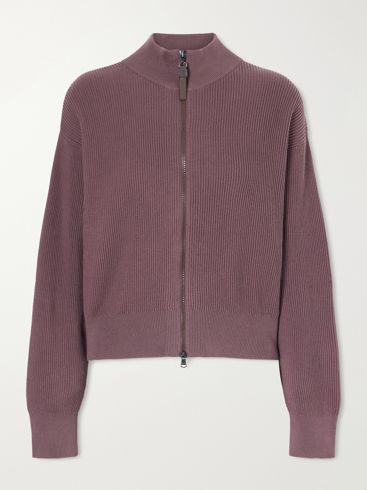 Brunello Cucinelli Ribbed Cotton Zip-up Turtleneck Cardigan In Burgundy
