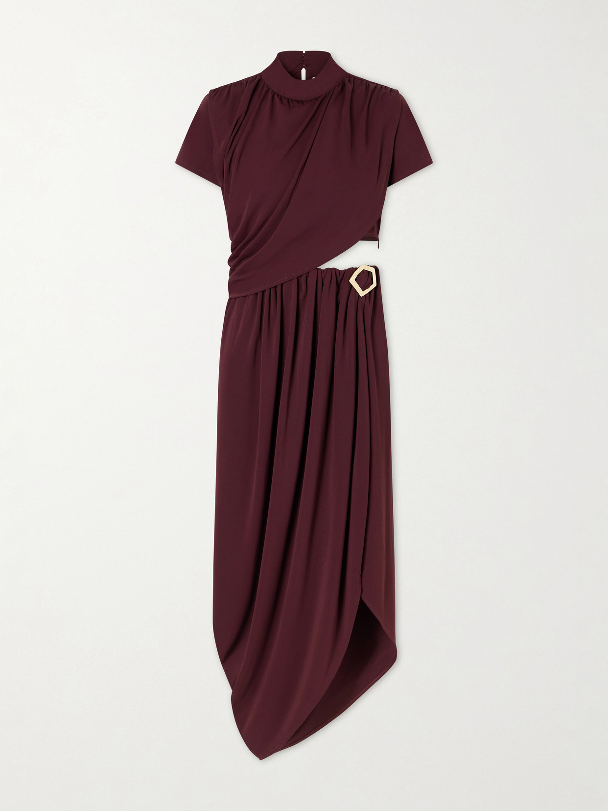 Violante Nessi Pagani Cutout Embellished Gathered Crepe De Chine Midi Dress In Burgundy