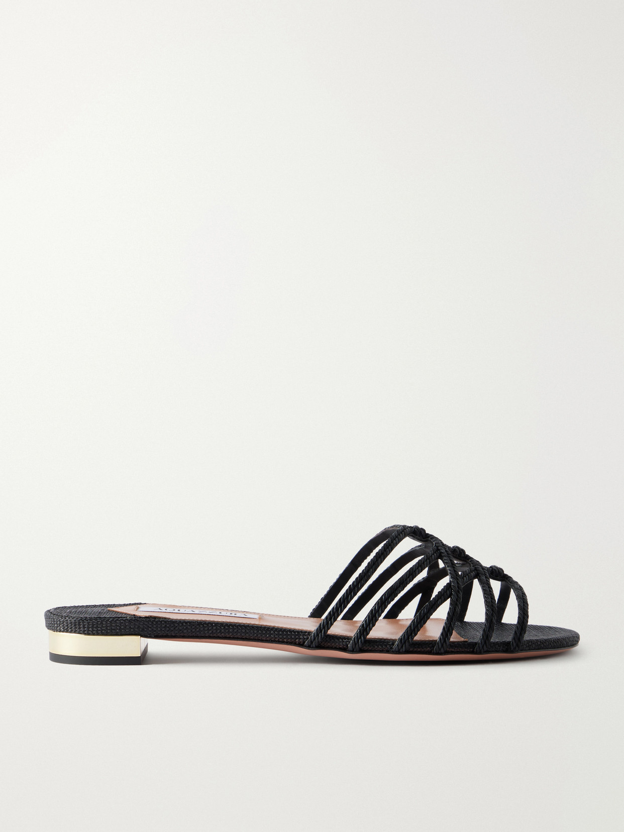 Aquazzura Luna Raffia-trimmed Cord Slides In Black