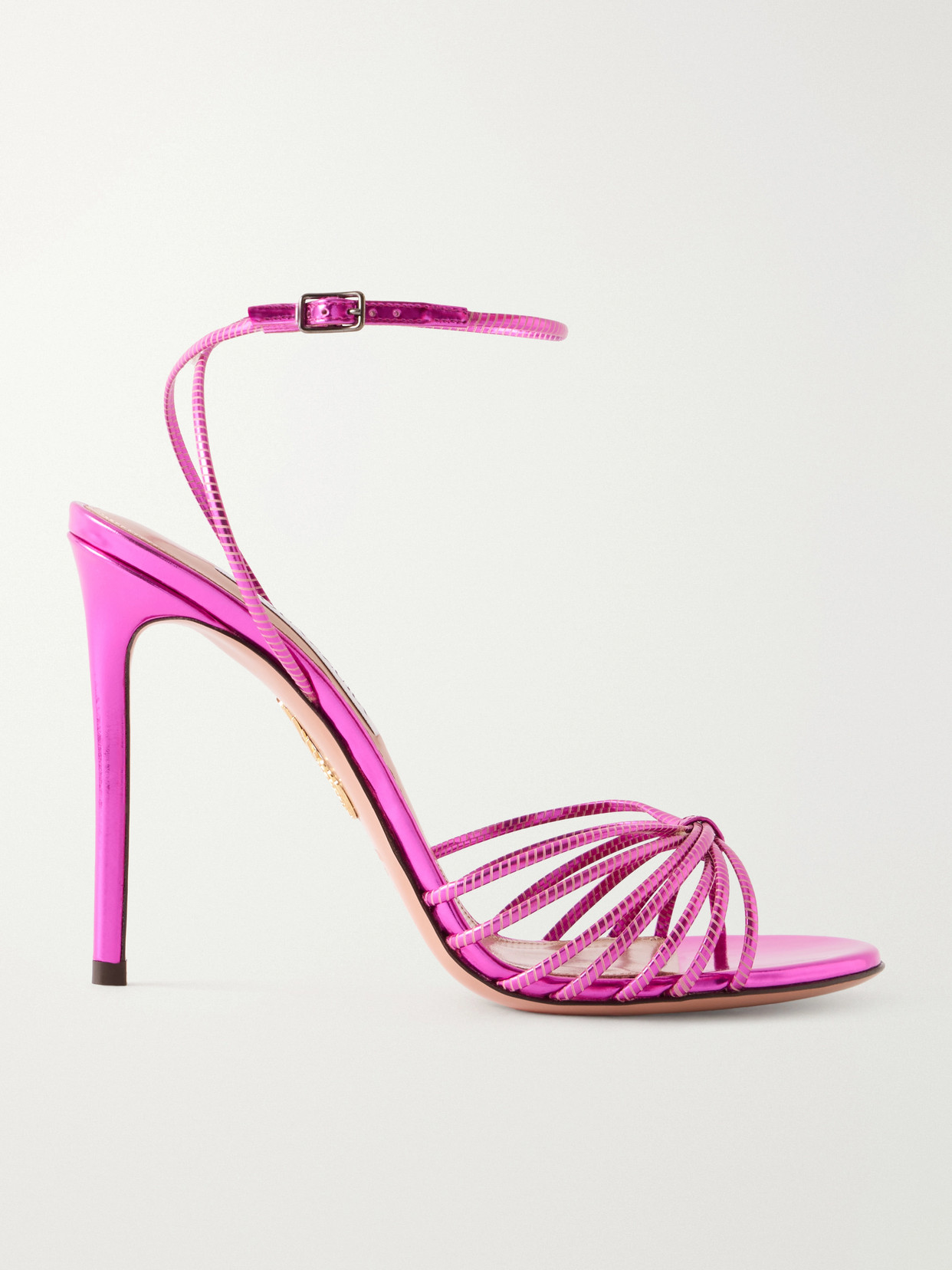 Aquazzura Anima 105 Mirrored Metallic Leather Sandals In Pink