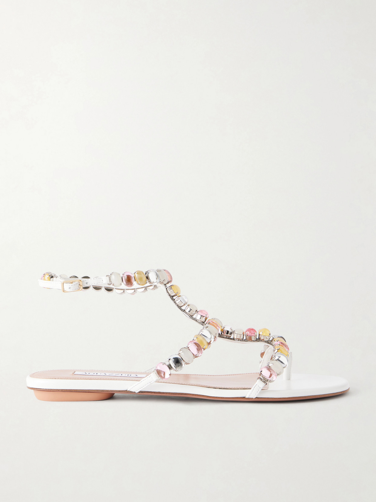 Aquazzura Mystic Stone Embellished Leather Sandals In White