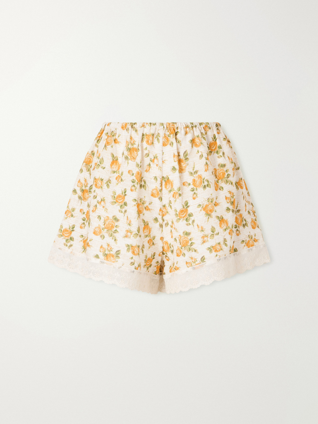 Miguelina Celestine Floral-print Lace-trimmed Linen Shorts In Orange