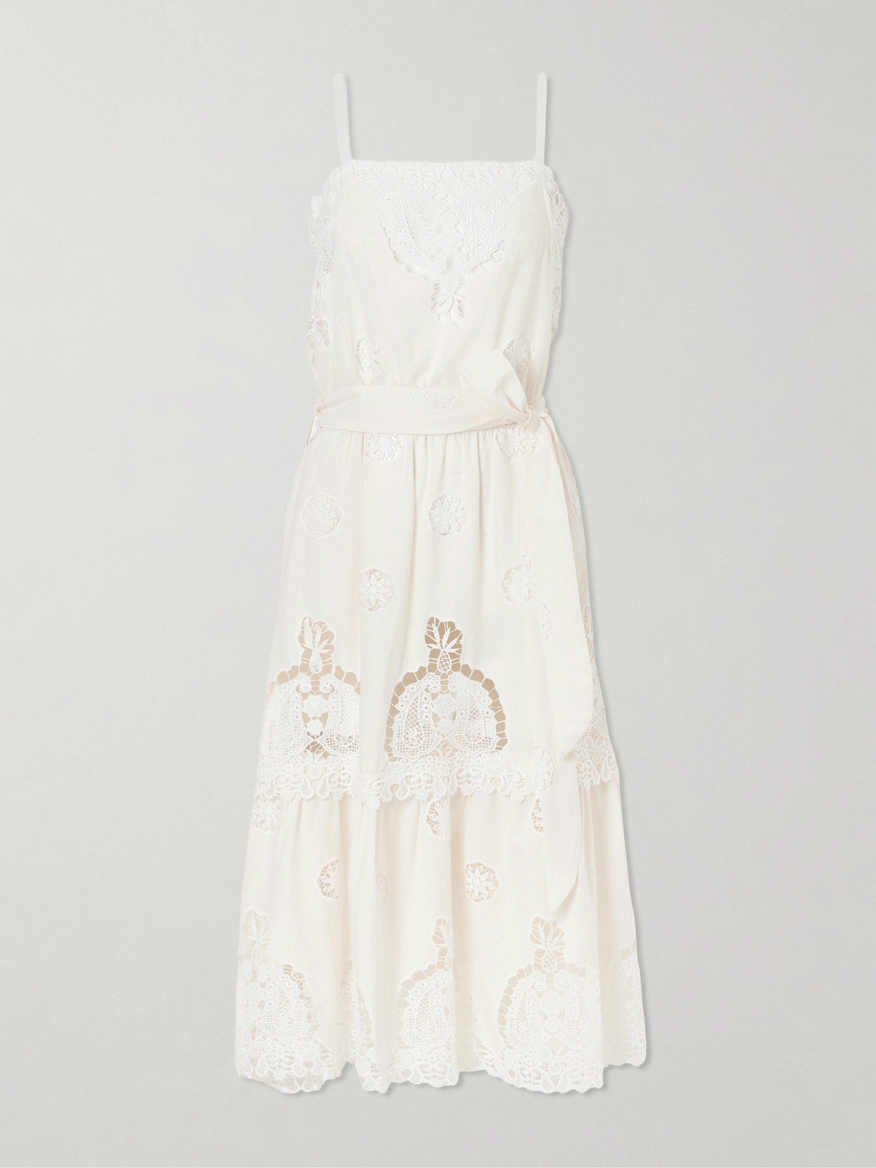 Miguelina Esme Belted Guipure Lace-trimmed Cotton-blend Midi Dress In Neutral