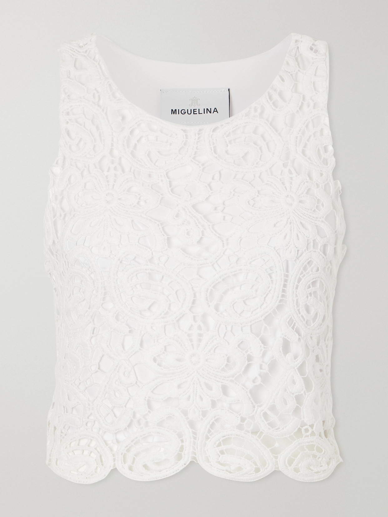 Miguelina Rosi Cropped Guipure Lace-trimmed Cotton-jersey Top In White