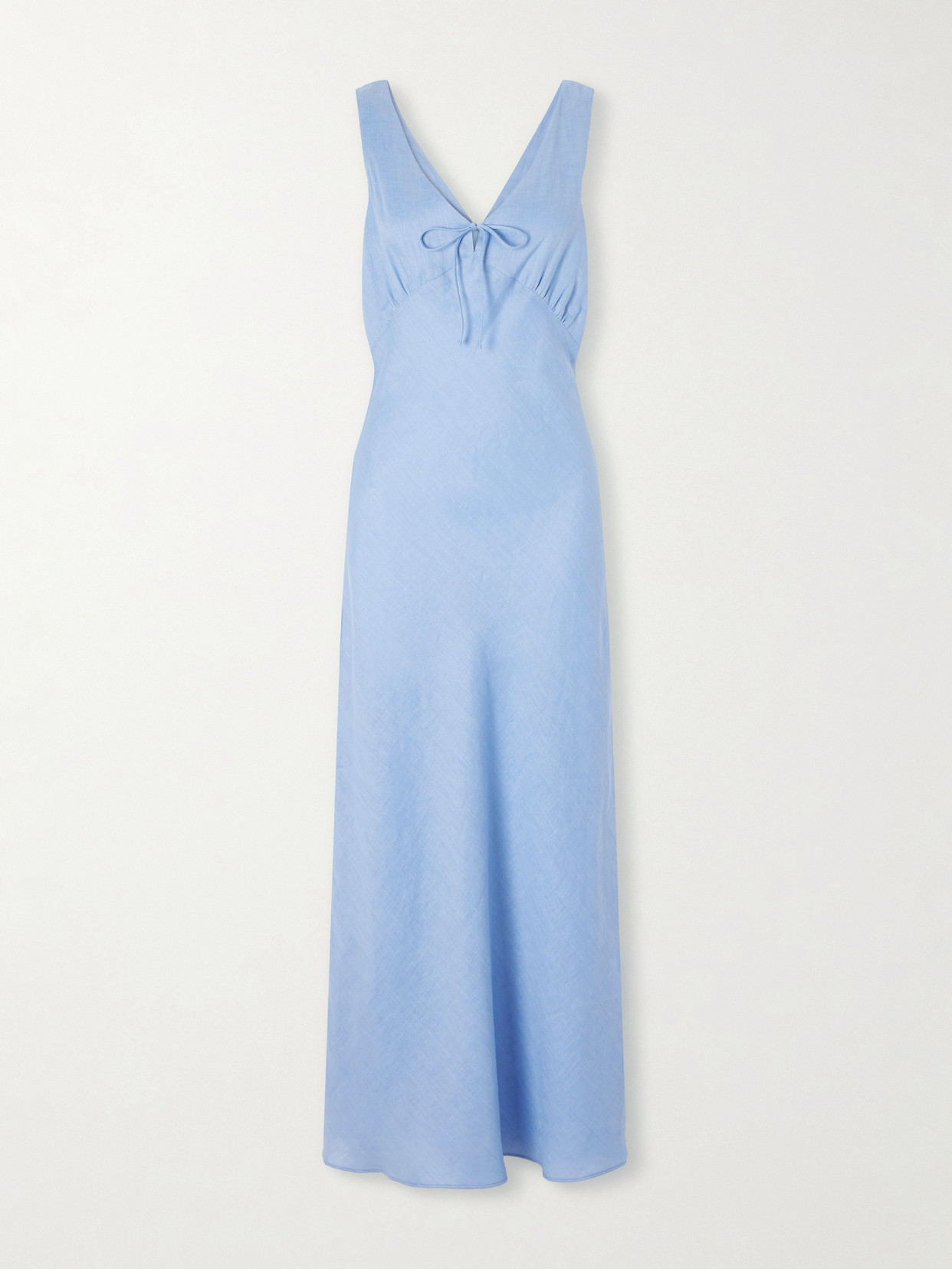Miguelina Bow-detailed Linen-jacquard Maxi Dress In Blue