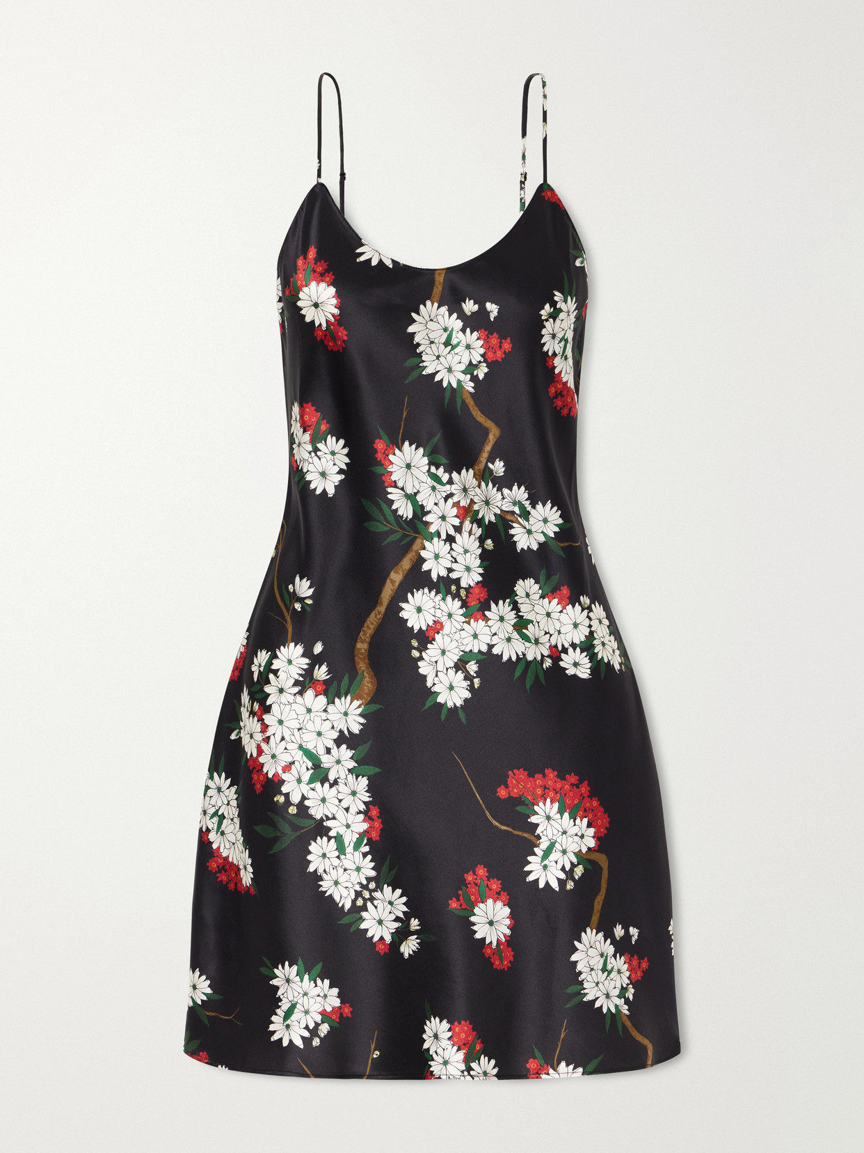 Olivia Von Halle Venus Floral-print Silk-satin Nightdress In Black