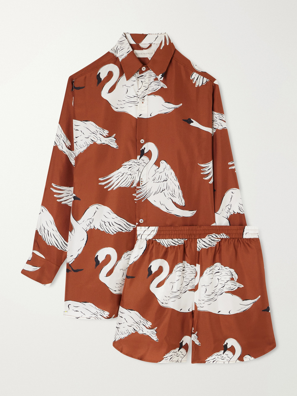 Olivia Von Halle Kick Printed Silk-satin Pajama Set In Brown
