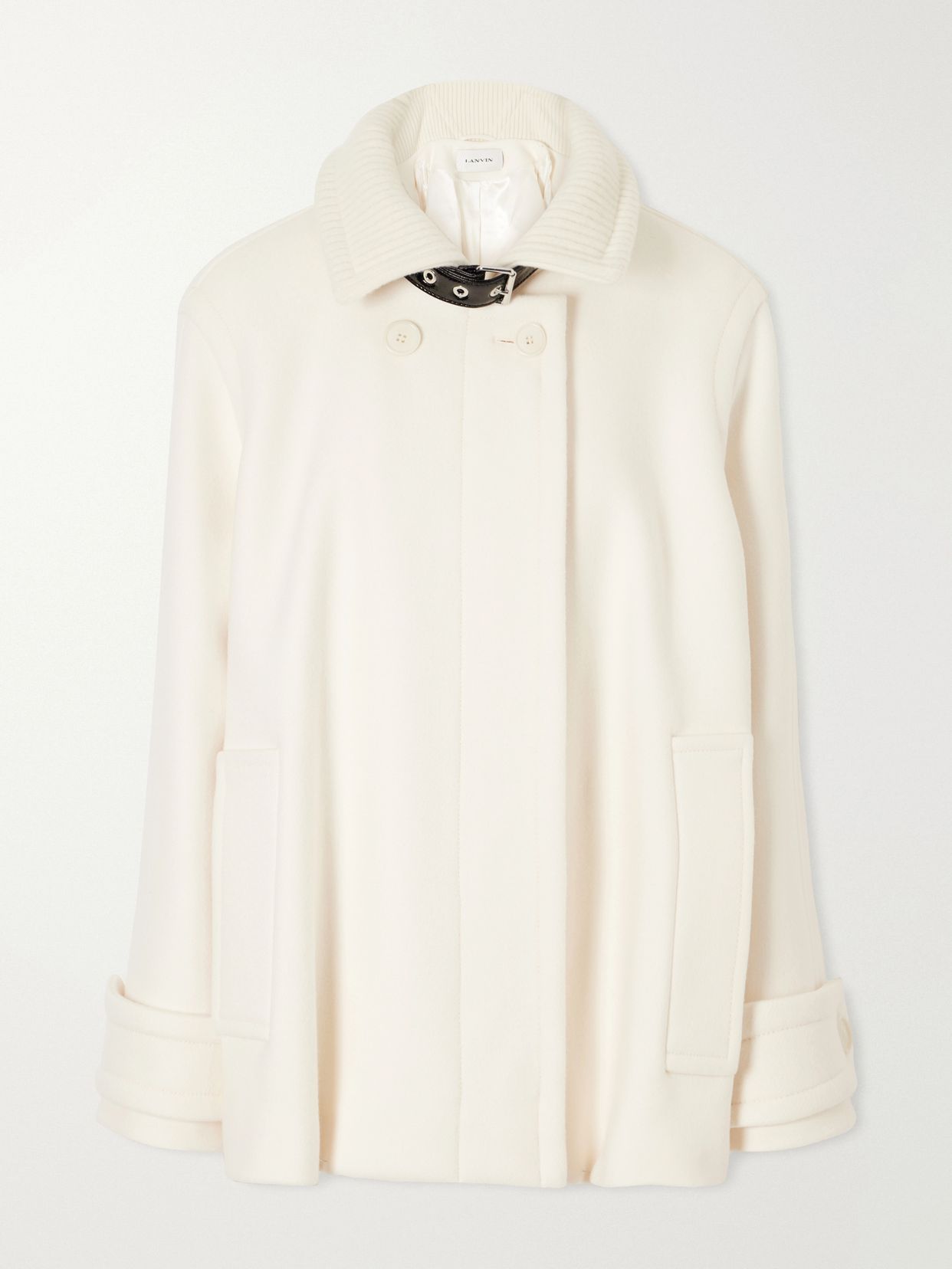 Belted leather-trimmed wool trench coat