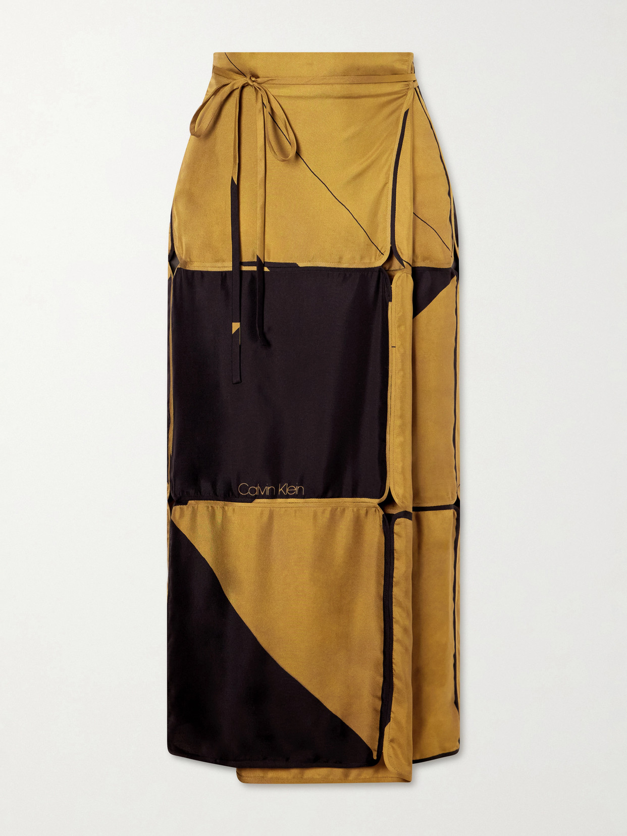 Calvin Klein Collection Hallie Patchwork Silk-twill Wrap Midi Skirt In Brown