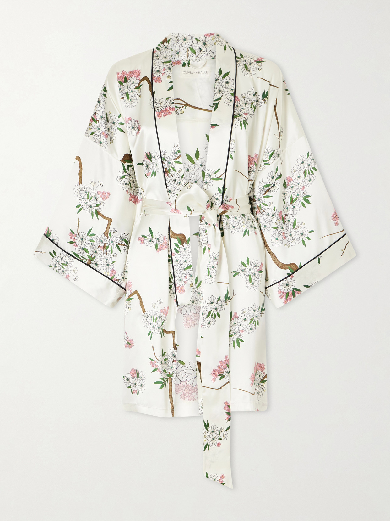 Olivia Von Halle Mimi Belted Printed Silk-satin Robe In White