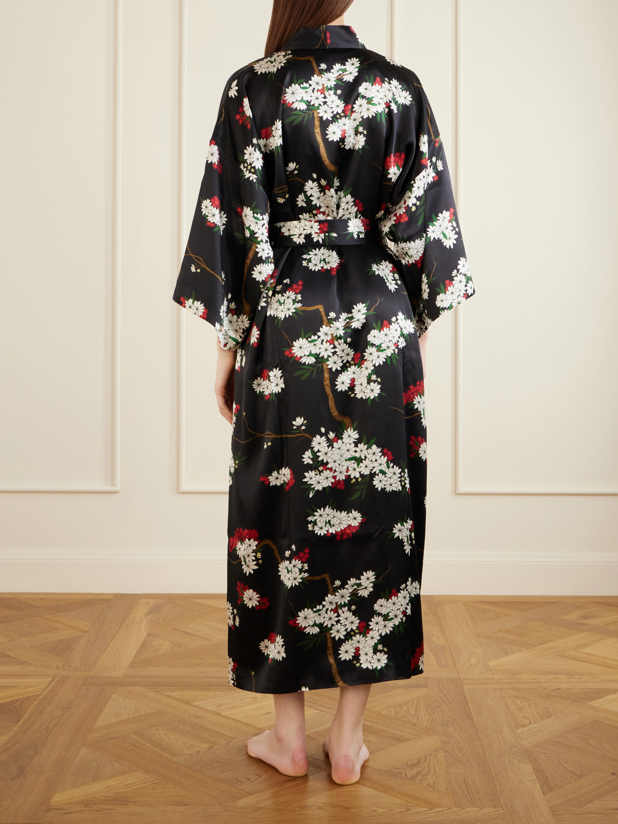 Olivia Von Halle Queenie Belted Floral-printed Silk-satin Robe In Black
