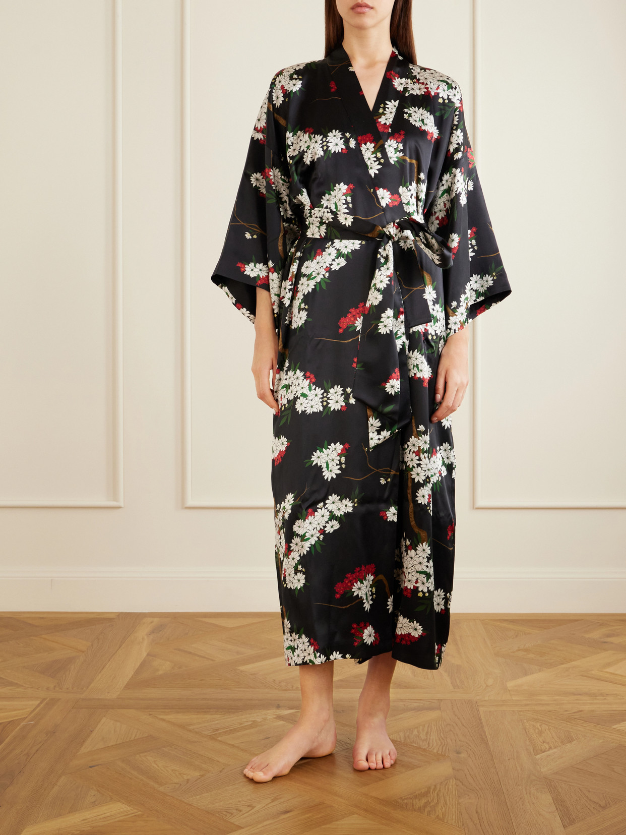 Olivia Von Halle Queenie Belted Floral-printed Silk-satin Robe In Black