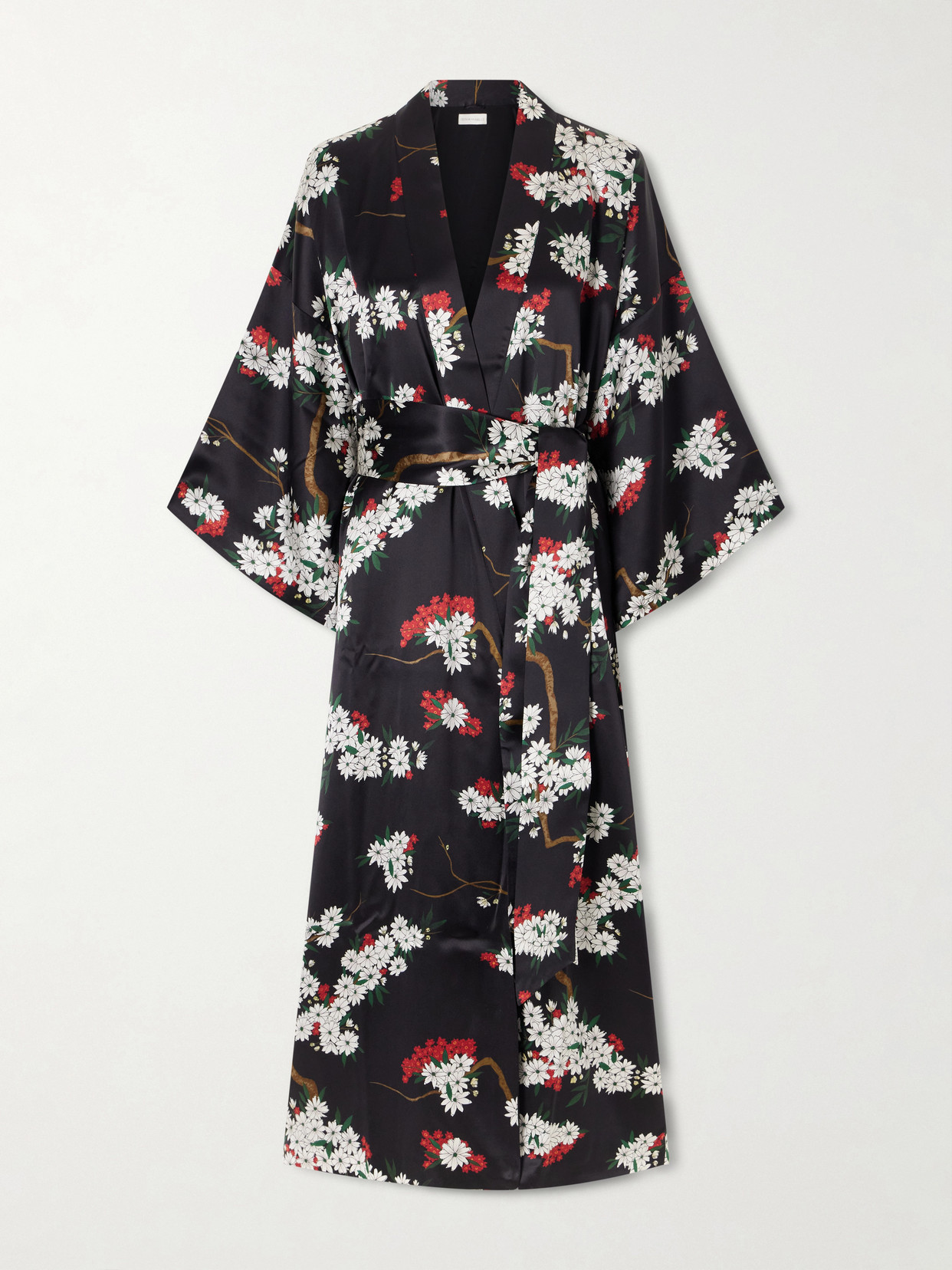 Olivia Von Halle Queenie Belted Floral-printed Silk-satin Robe In Black
