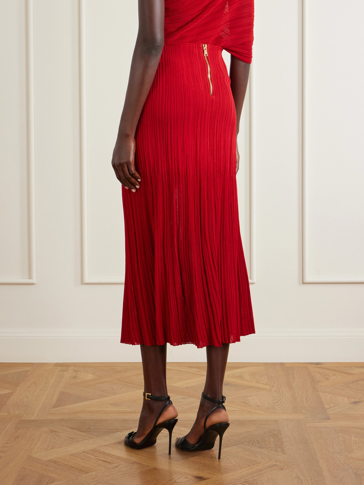 Balmain Pleated Maxi Skirt In Red