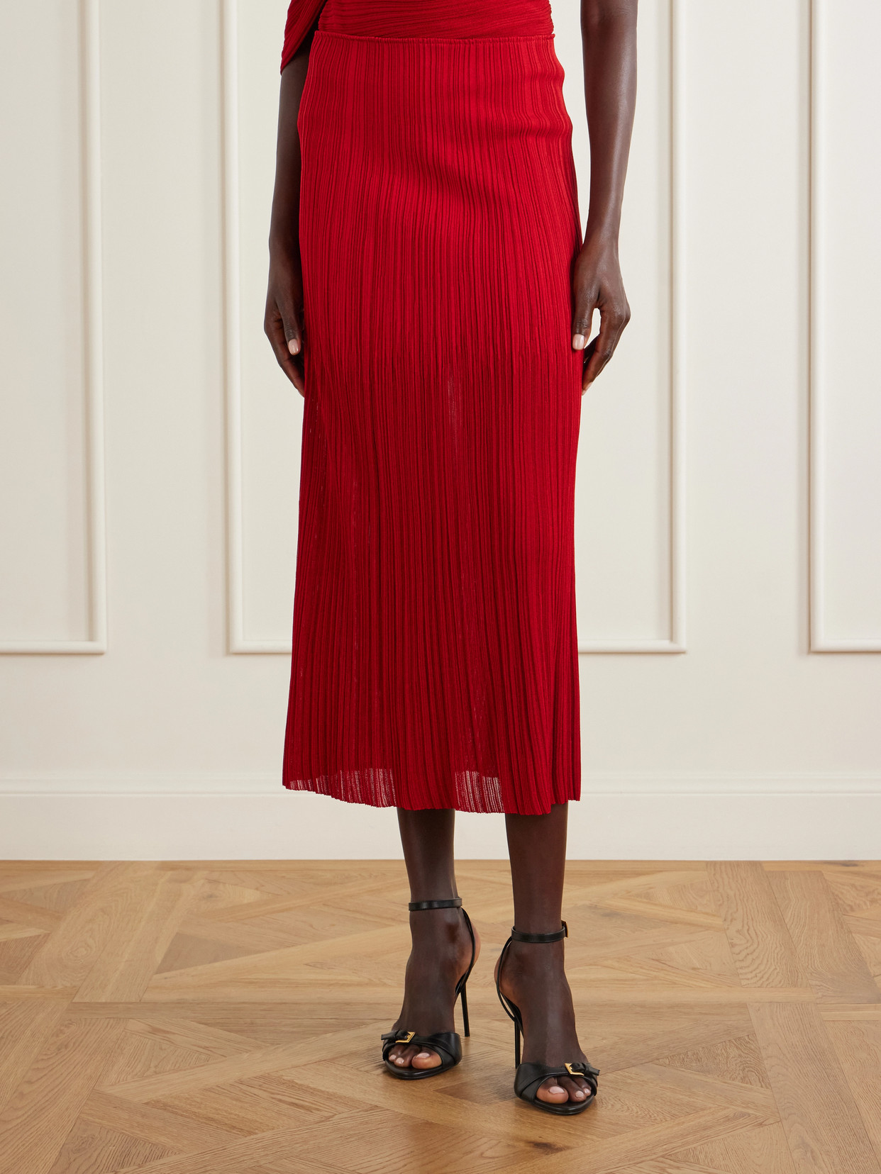 Balmain Pleated Maxi Skirt In Red