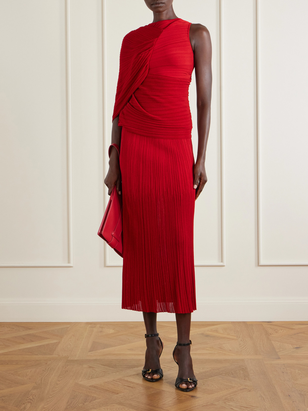 Balmain Pleated Maxi Skirt In Red