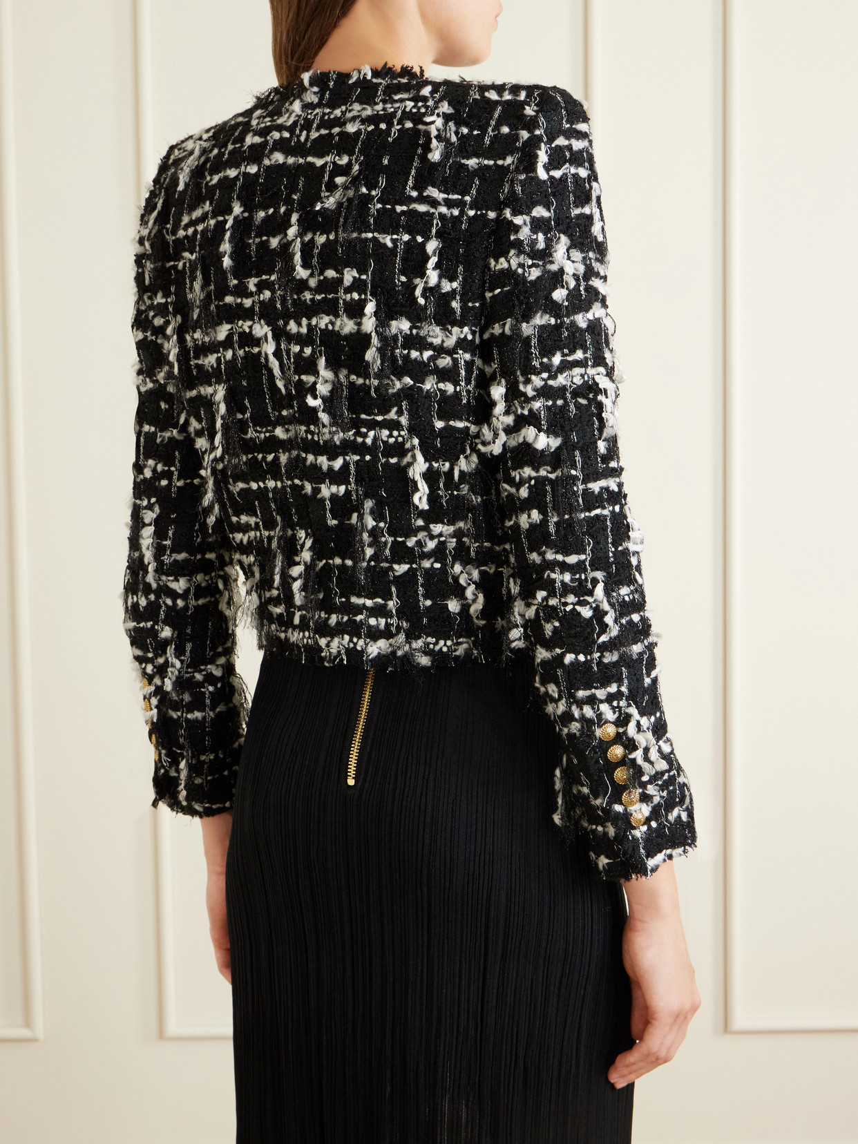 Cropped Embellished Metallic Tweed Jacket