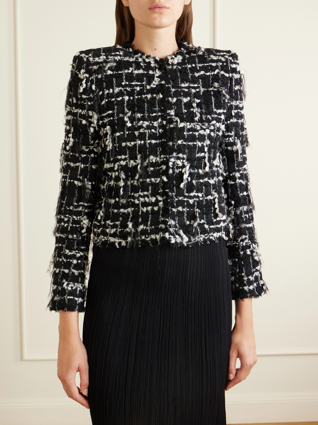 Cropped Embellished Metallic Tweed Jacket