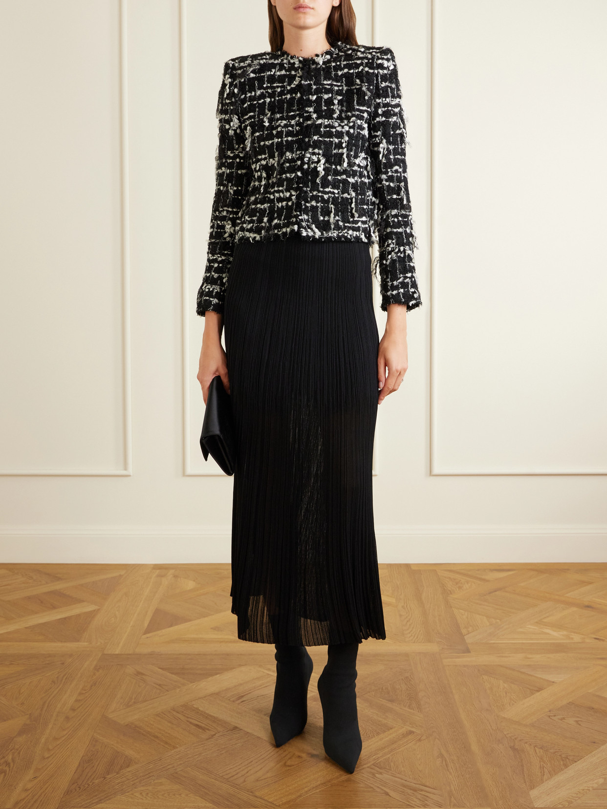 Cropped Embellished Metallic Tweed Jacket