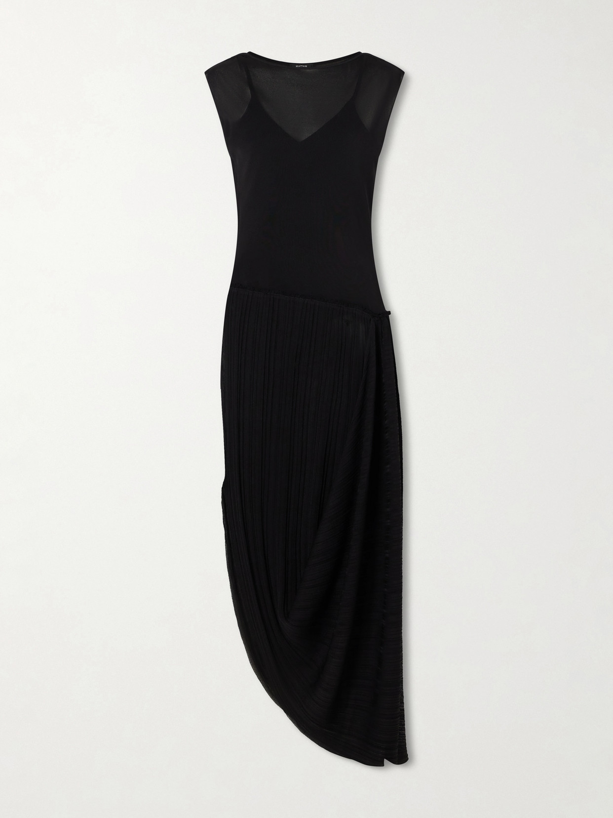 Balmain Draped Mesh-jersey Midi Dress In Black