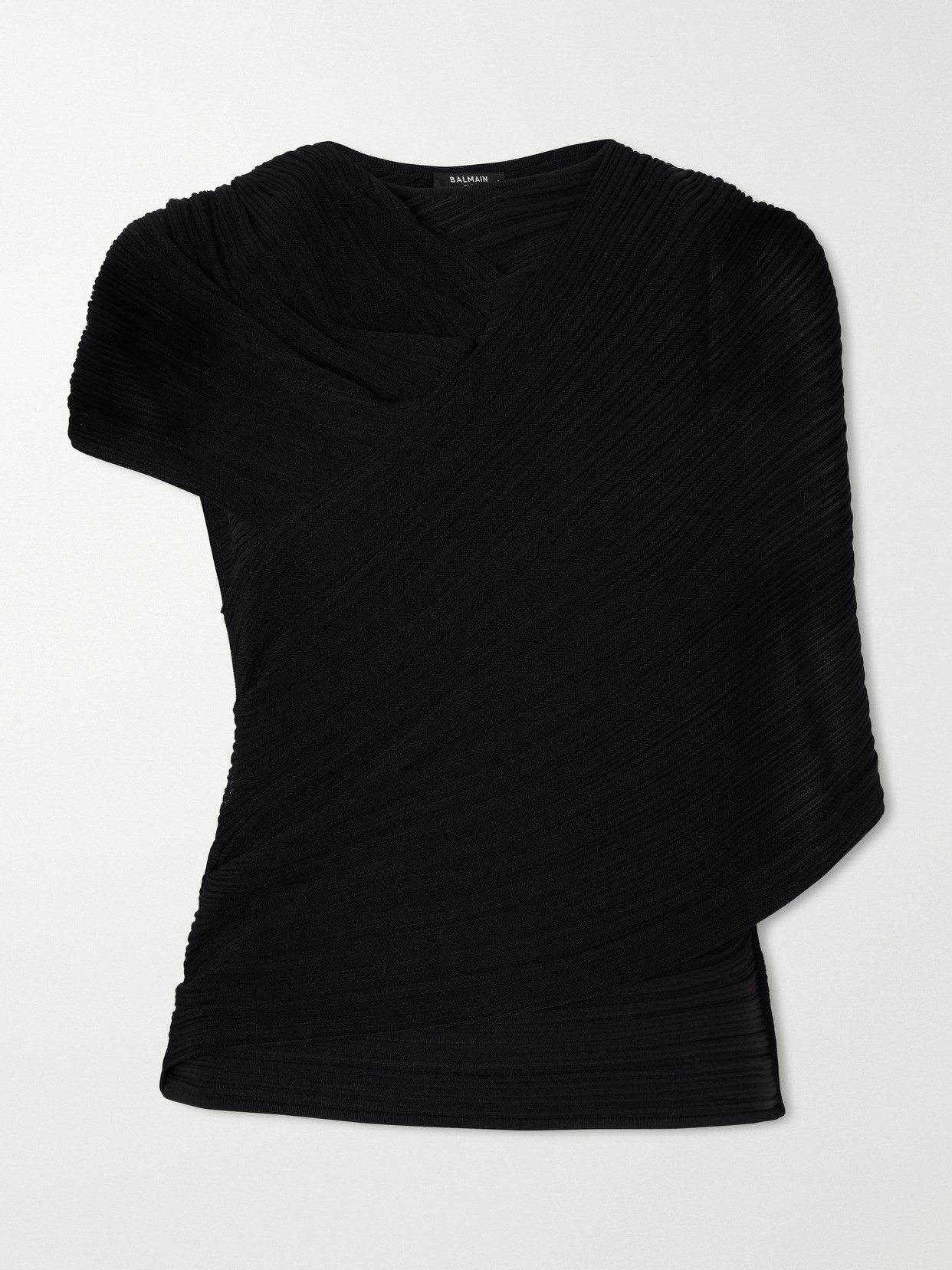 Balmain Draped Ribbed Jersey Blouse In Black