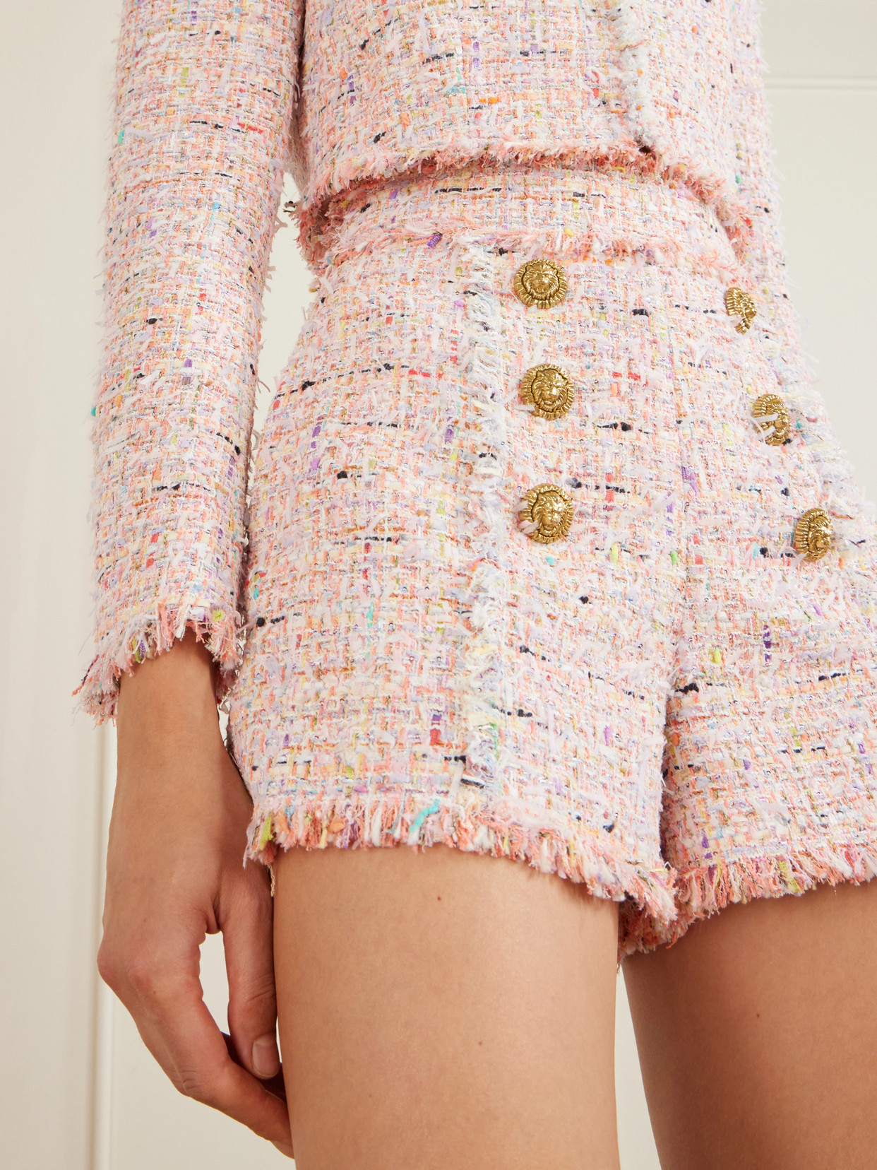 Balmain Buttoned Tweed Shorts In Pink