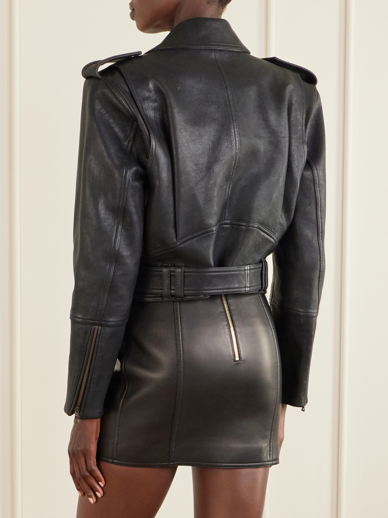 Balmain Collared Long-sleeved Leather Jacket In Black
