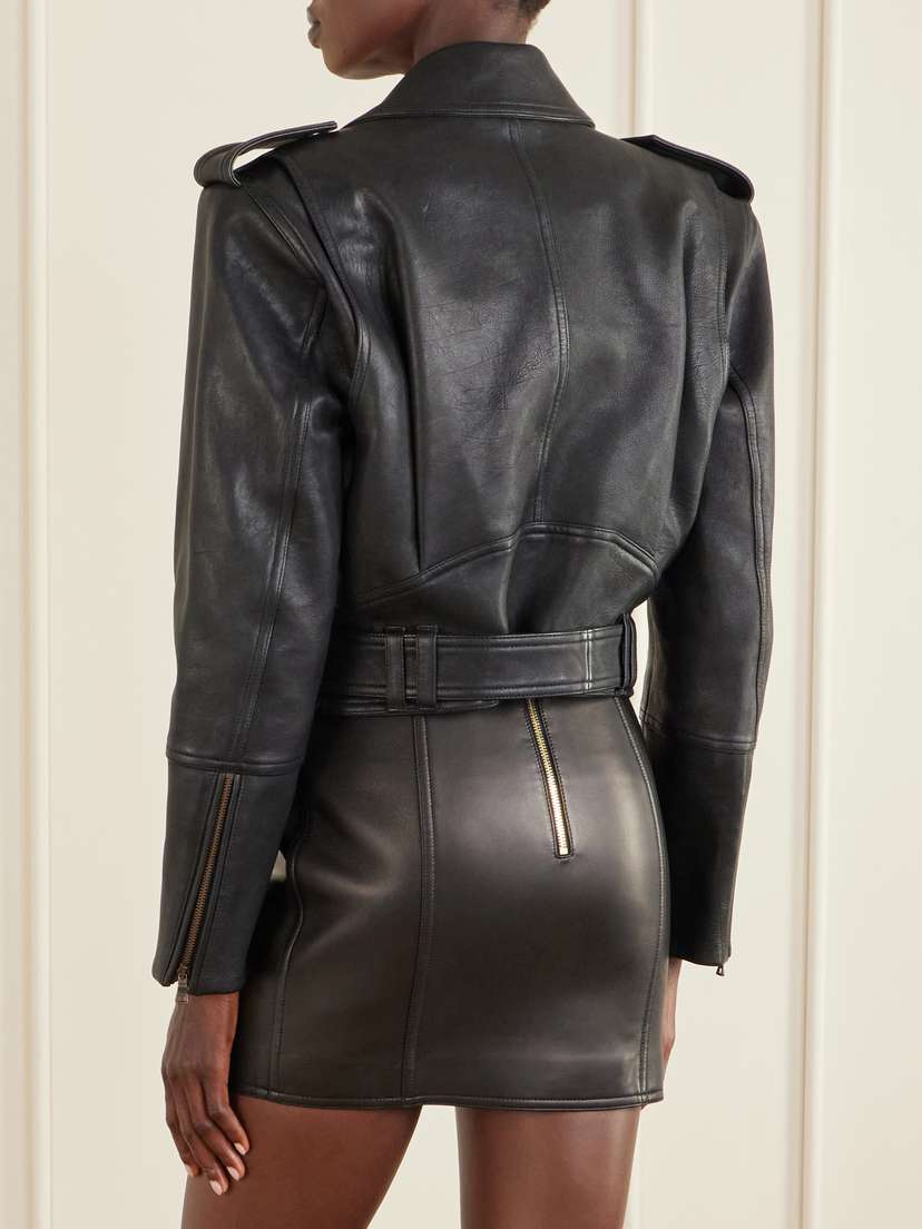 Balmain Cropped Belted Leather Biker Jacket | Thumbnail 4 Balmain Cropped Belted Leather Biker Jacket | Thumbnail 4